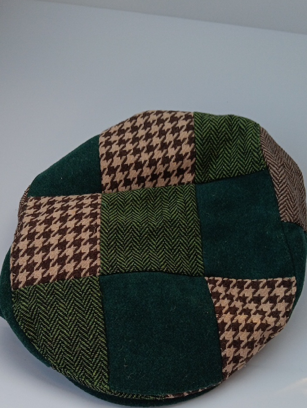 Patchwork Wool Hat in Forest Green and Brown Houndstooth